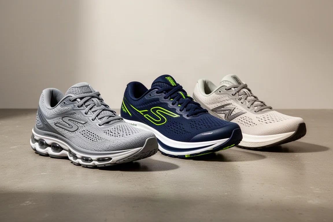 Three daily trainer running shoes side by side on a concrete studio surface