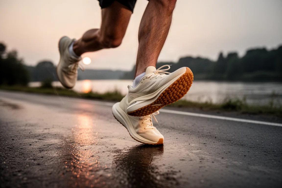 Hardloper stapt langs een rivierweg in een crèmekleurige trainer in de schemering