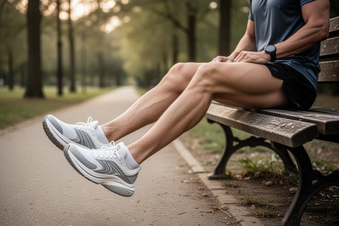 Hardloper ontspant na een run met de voeten omhoog, in rijk gevoerde trainers