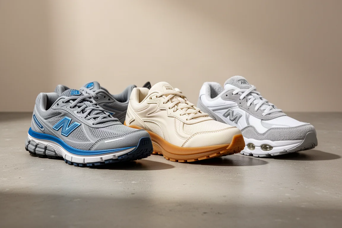 Three daily trainer running shoes lined up on a concrete surface