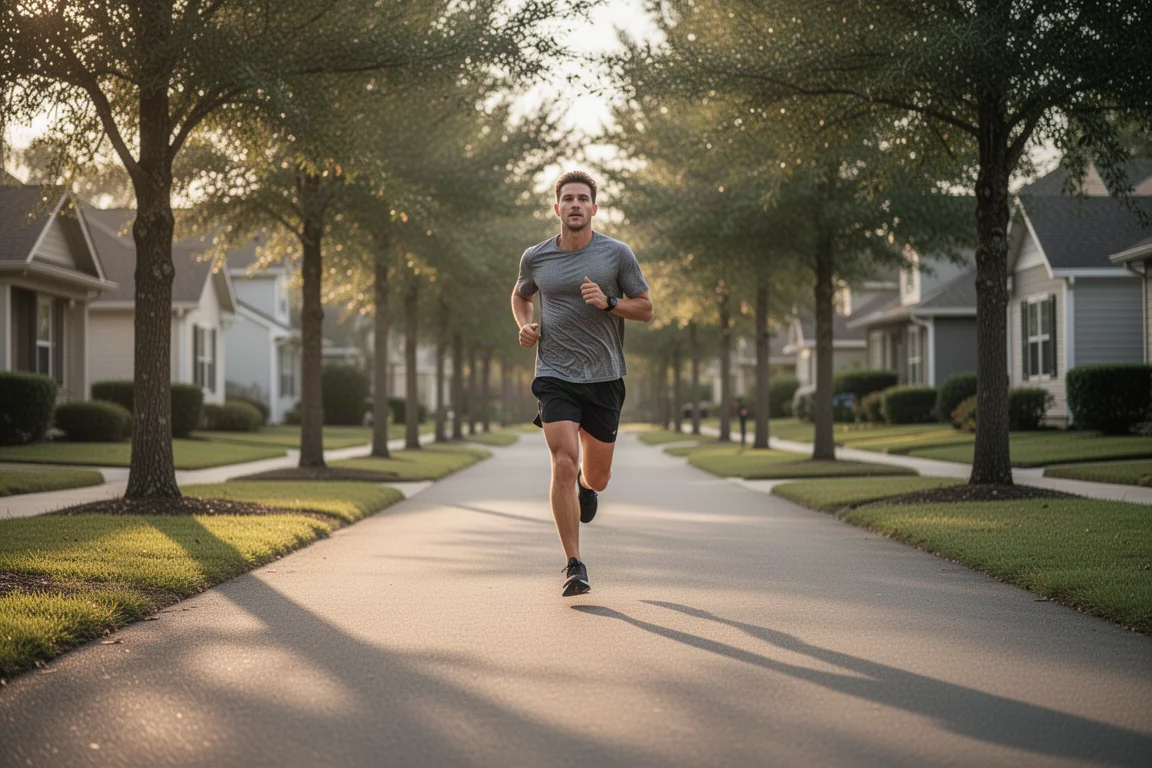 Runner logging relaxed easy miles on a paved neighborhood path