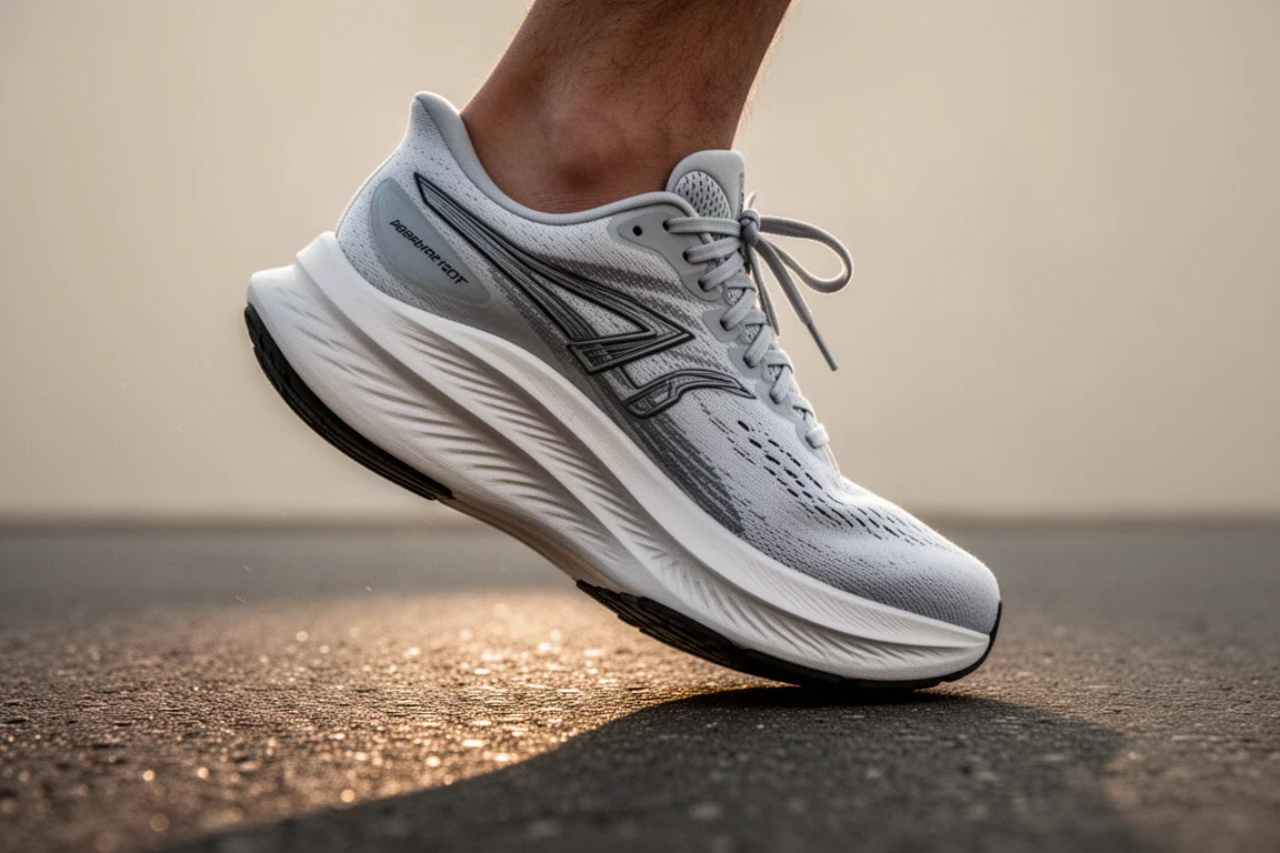 Close-up of a rocker-profile running shoe mid-stride on tarmac
