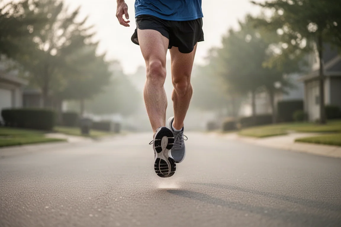 Heel-striking runner landing smoothly on a quiet suburban road
