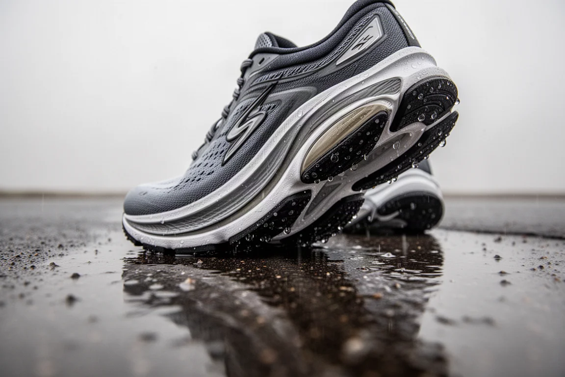 Max-stack running shoe resting on wet pavement after rain
