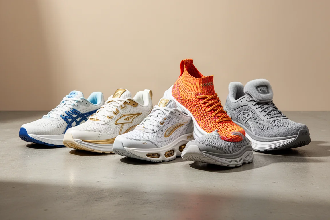 Five daily trainer running shoes lined up on a matte concrete surface