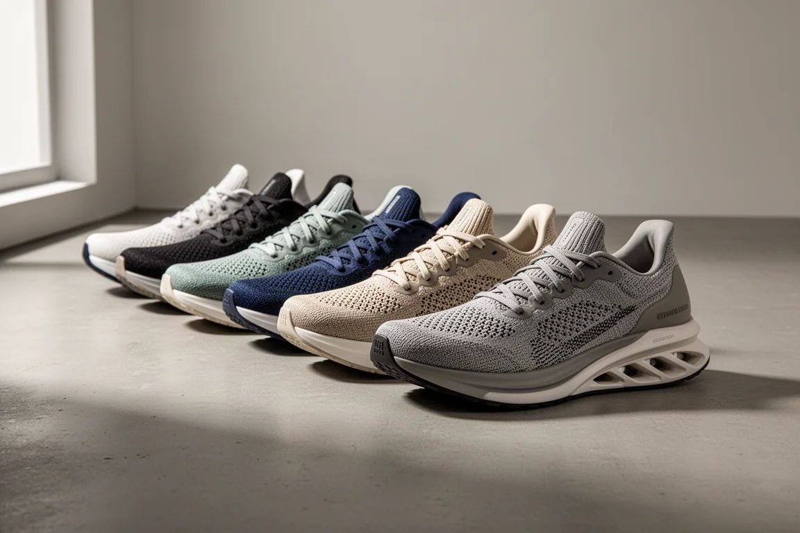Schieramento di moderne scarpe da running ammortizzate su una superficie in cemento da studio