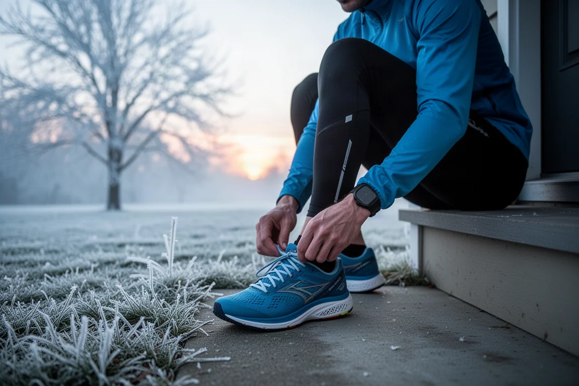 Runner lacing up a road running shoe on an icy residential street at sunrise