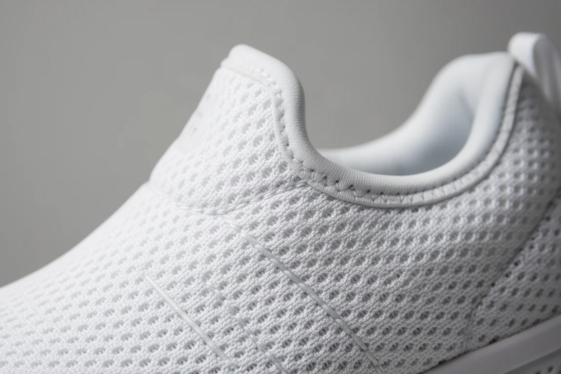 Close-up of a white running shoe upper showing soft engineered mesh