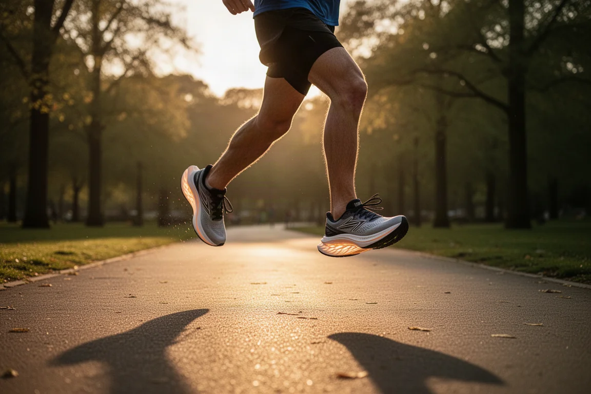 Runner doing strides on an empty park path at golden hour