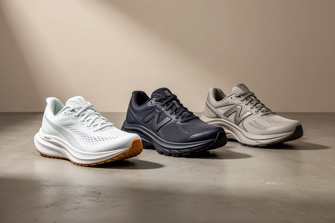 Three daily trainer running shoes arranged in a row on a concrete surface