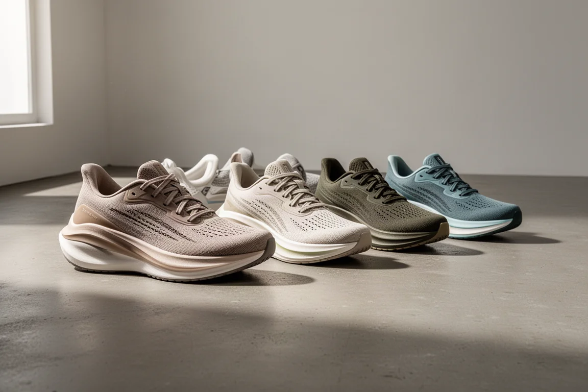 Reihe aus fünf modernen Laufschuhen auf einem Betonboden im Studio