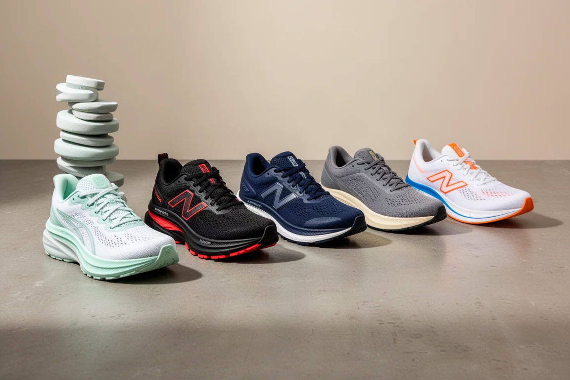 Sei scarpe da running moderne allineate su un pavimento di cemento in studio