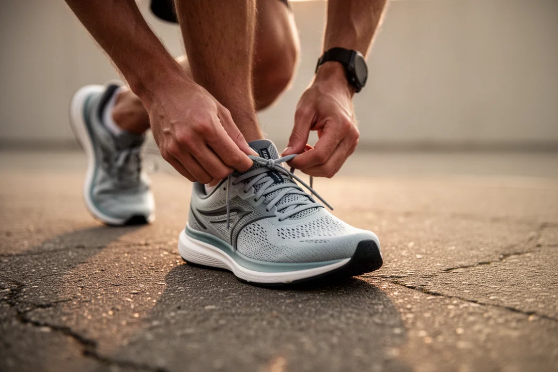 Un coureur lace une chaussure d'entraînement quotidienne légère avant une sortie