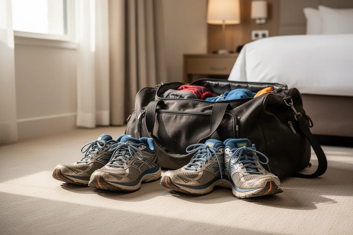 Des chaussures de running usées posées sur le sol d'une chambre d'hôtel à côté d'un sac de voyage