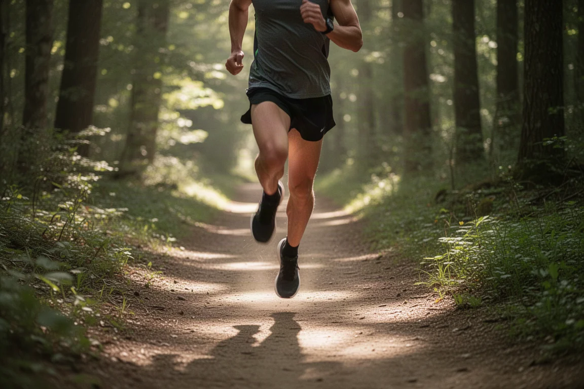 Un coureur traverse un sentier forestier dans une douce lumière matinale