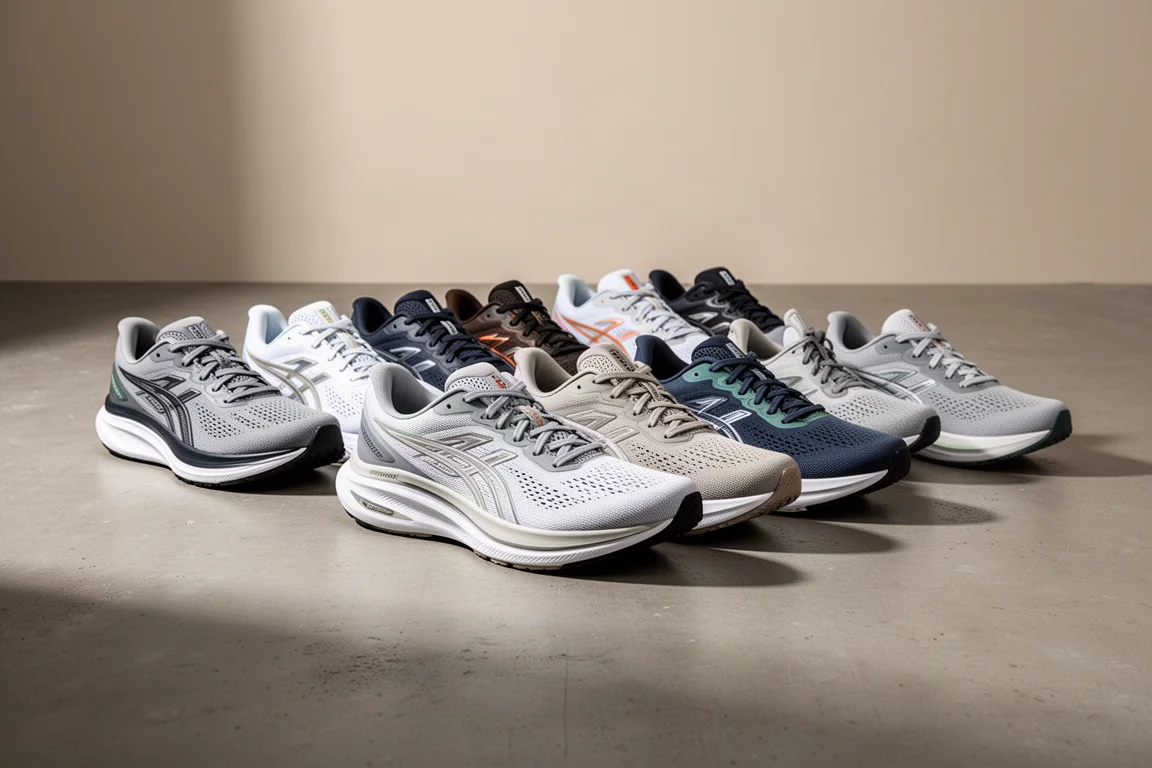 Collection of twelve modern running shoes arranged on a concrete surface