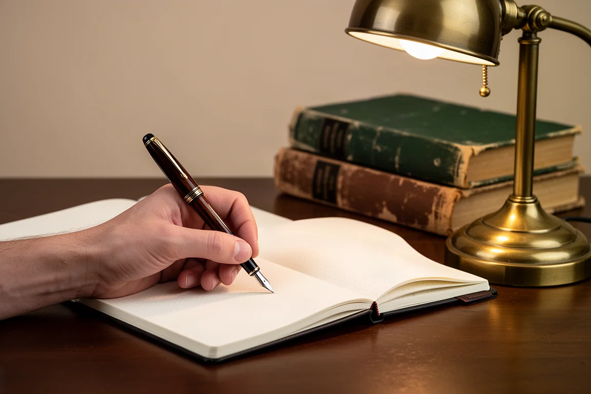 Mano che scrive con una penna stilografica su carta a griglia di punti accanto a libri impilati