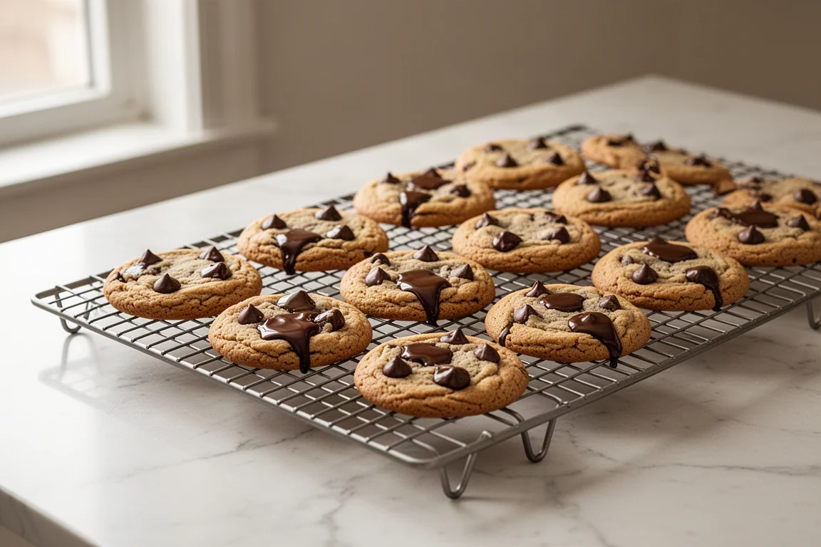 Galletas con chips de chocolate enfriándose sobre una rejilla en una cocina luminosa