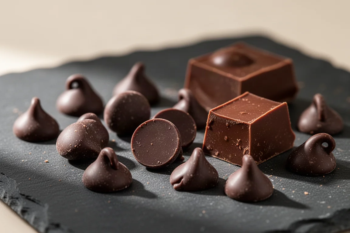 Primer plano de trozos de chocolate de distintas formas sobre una superficie oscura