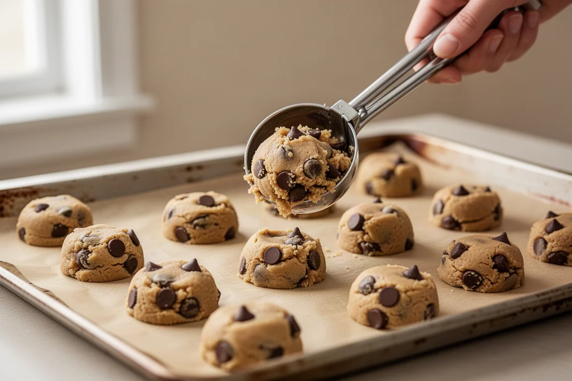 Porciones de masa de galleta colocadas en una bandeja de horno forrada
