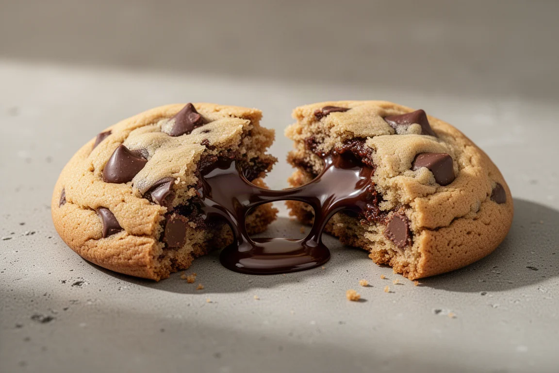 Galleta con chips de chocolate partida que revela bolsas de chocolate amargo derretido