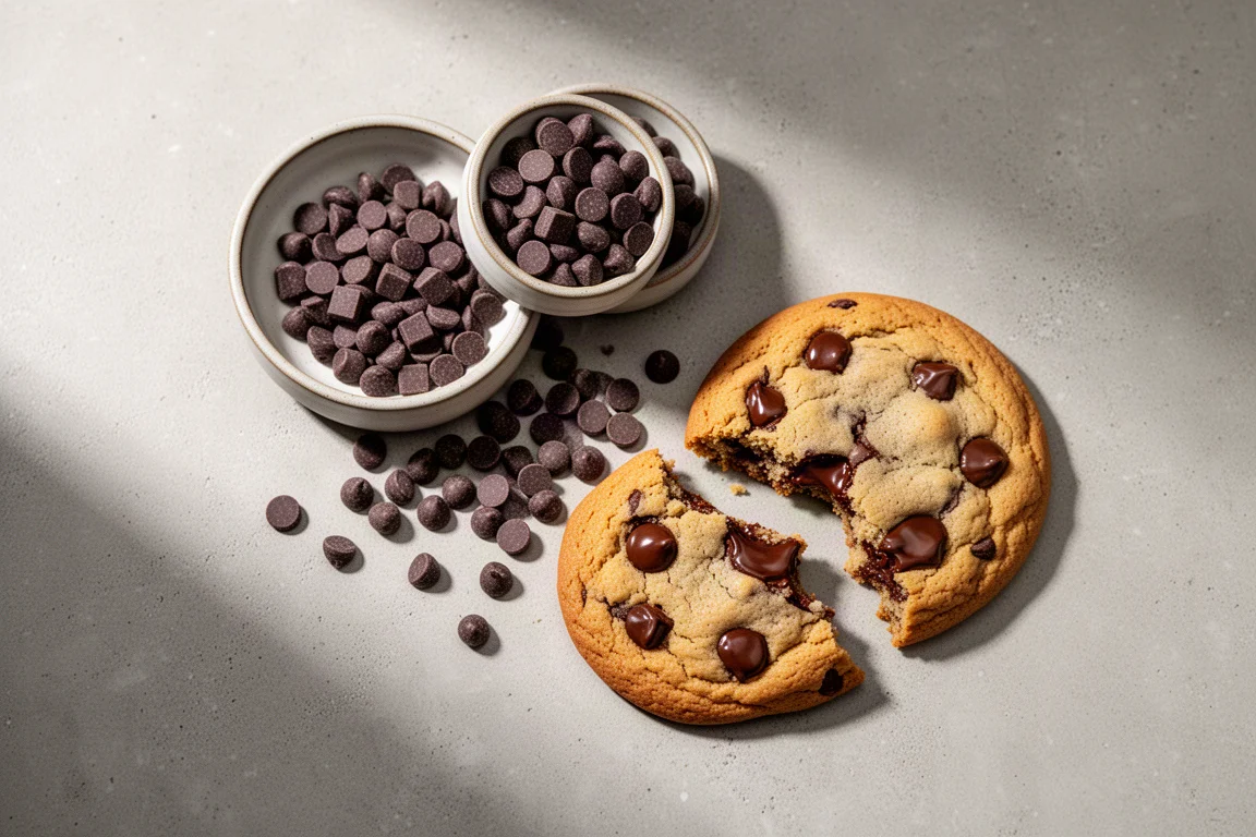 Assorted dark chocolate chips beside a broken chocolate chip cookie on a concrete surface