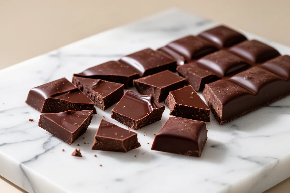 Dark chocolate bar broken into shards on a marble surface