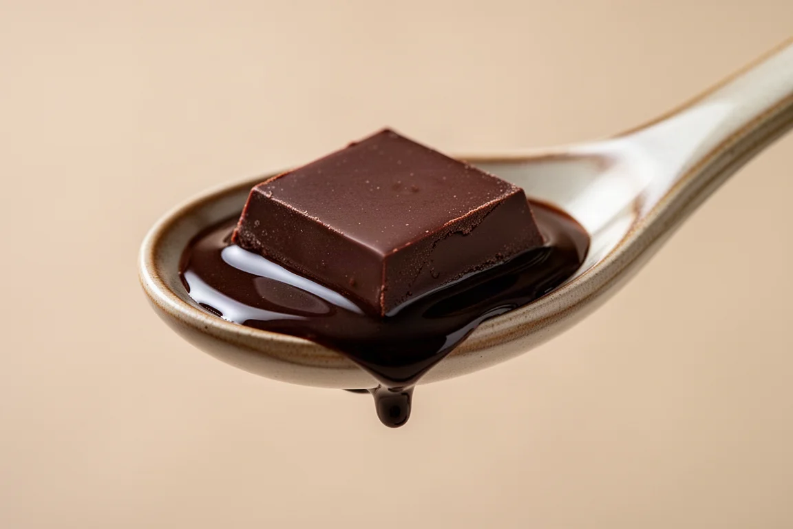 Chocolate shards melting on a warm spoon in soft light
