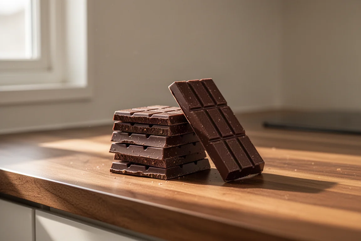 Stacked chocolate bars on a wooden kitchen counter