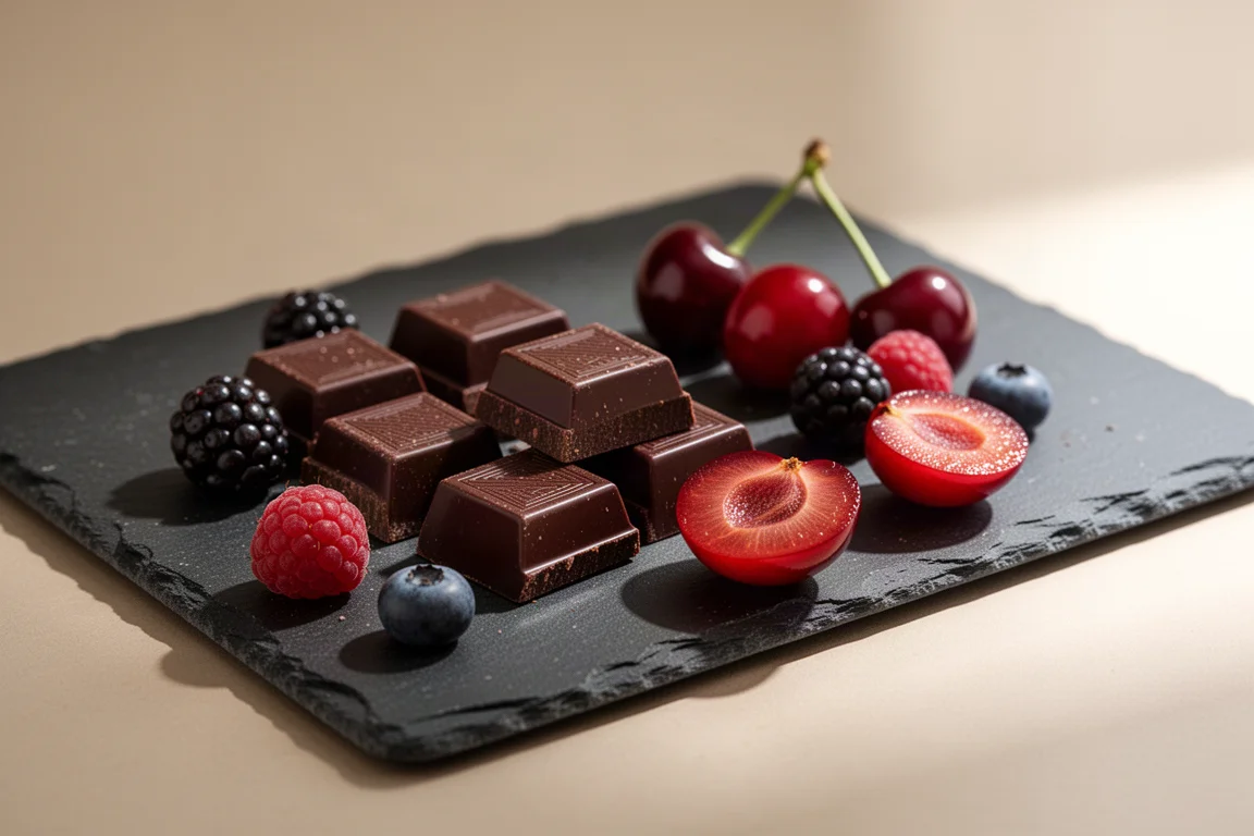 Chocolate pieces arranged with fresh berries on slate