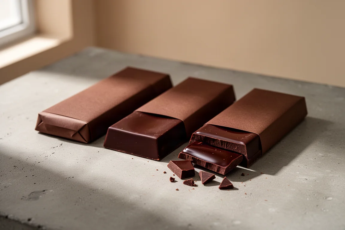 Four dark chocolate bars with one broken into shards on a concrete surface