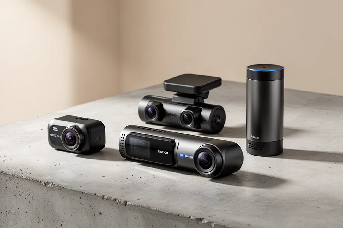 Kollektion moderner Dashcams, angeordnet auf einer matten Betonoberfläche