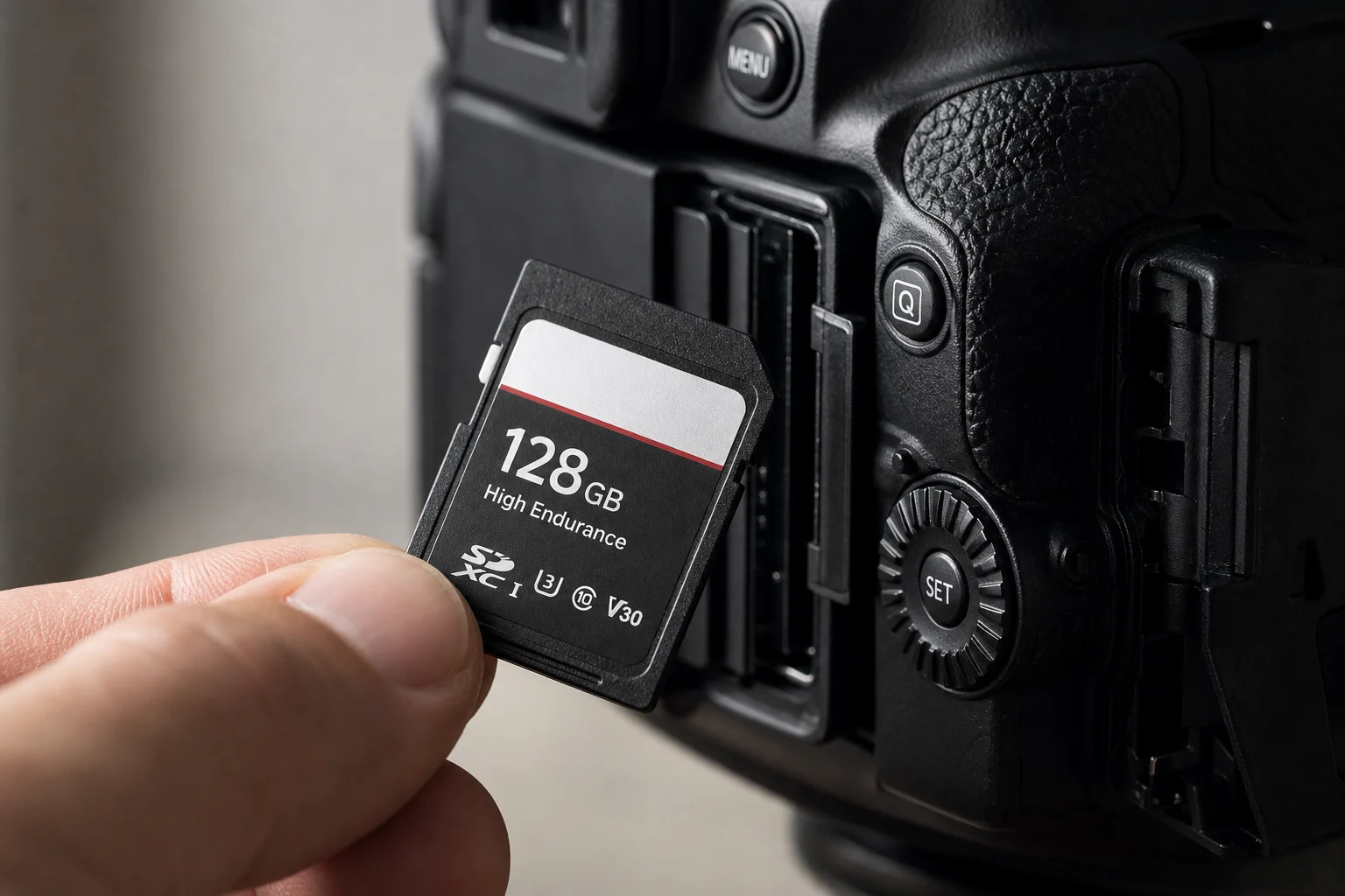 Close-up of SD card being inserted into a camera device with visible labeling