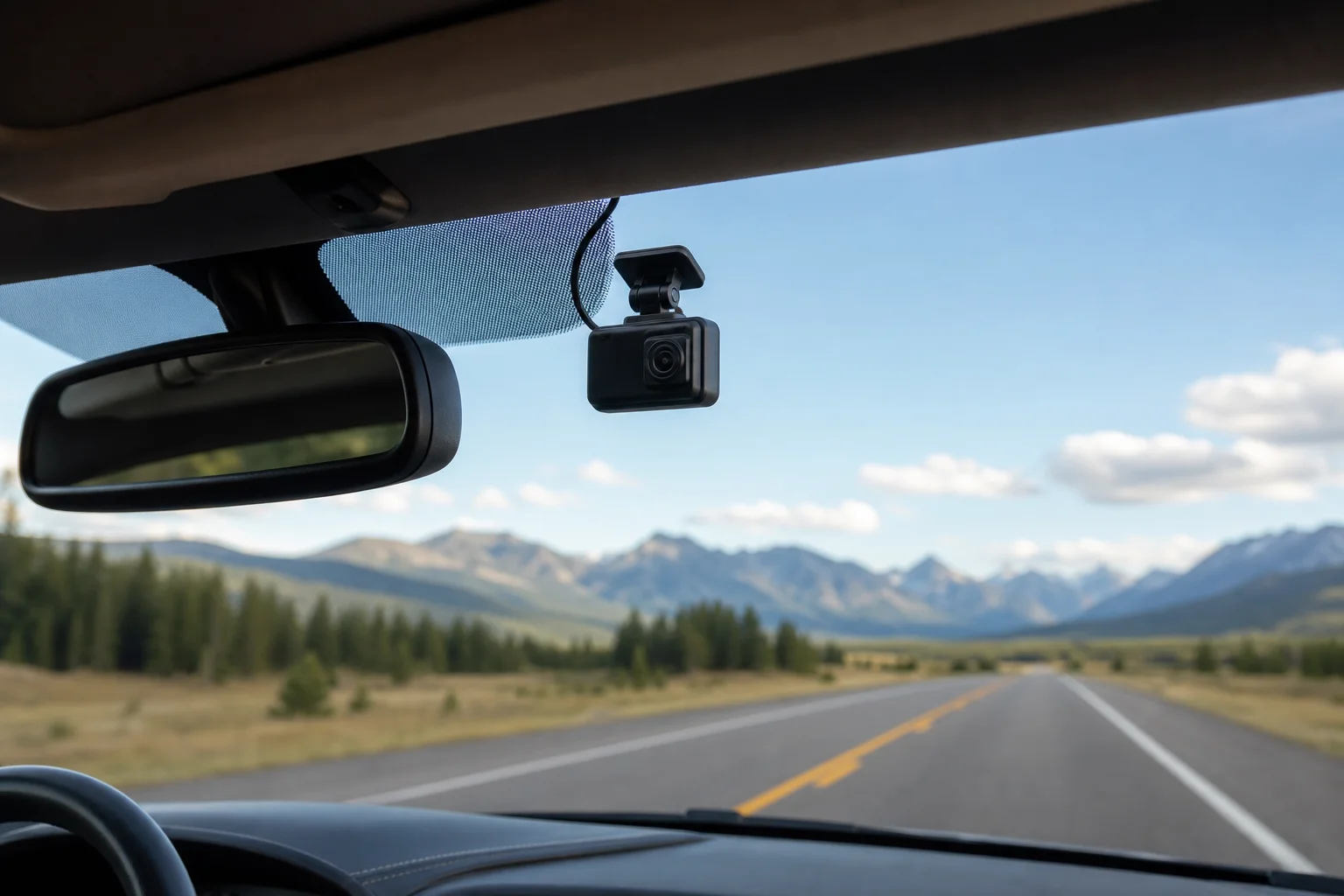 Vehicle interior showing windshield with mounted compact camera and clear road view ahead