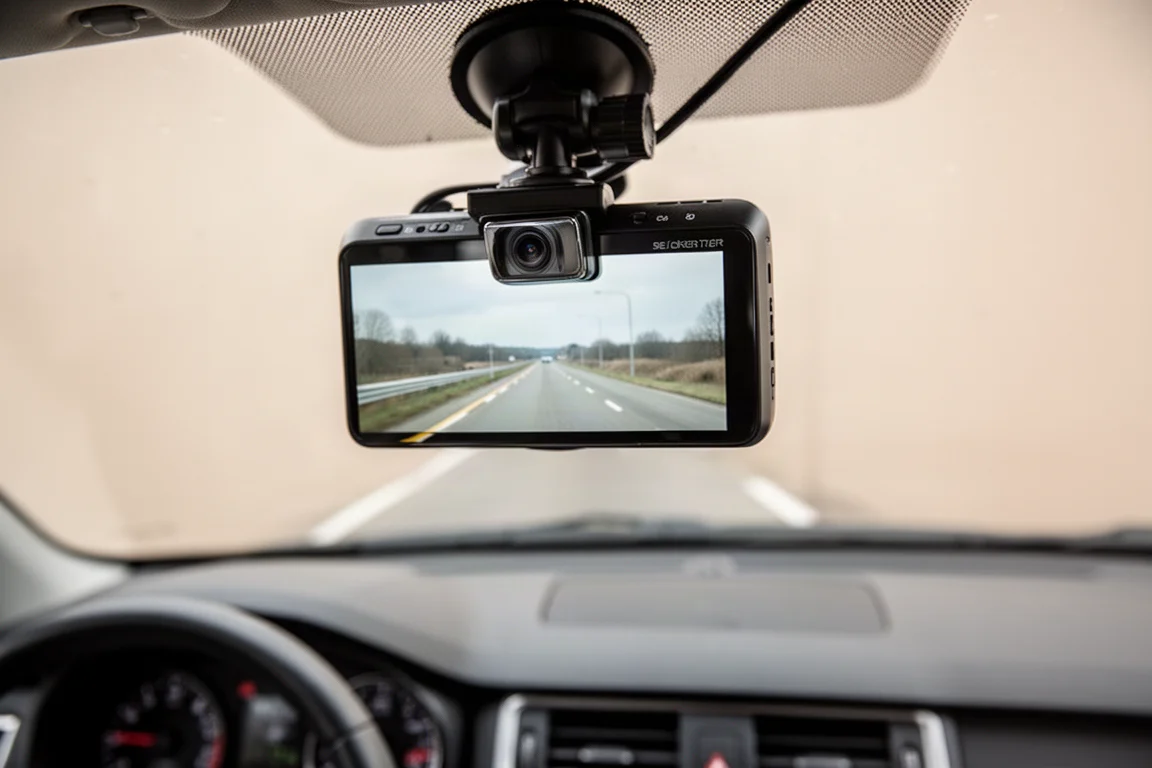 Dashcam an einer Windschutzscheibe montiert, die die Straße voraus aufzeichnet
