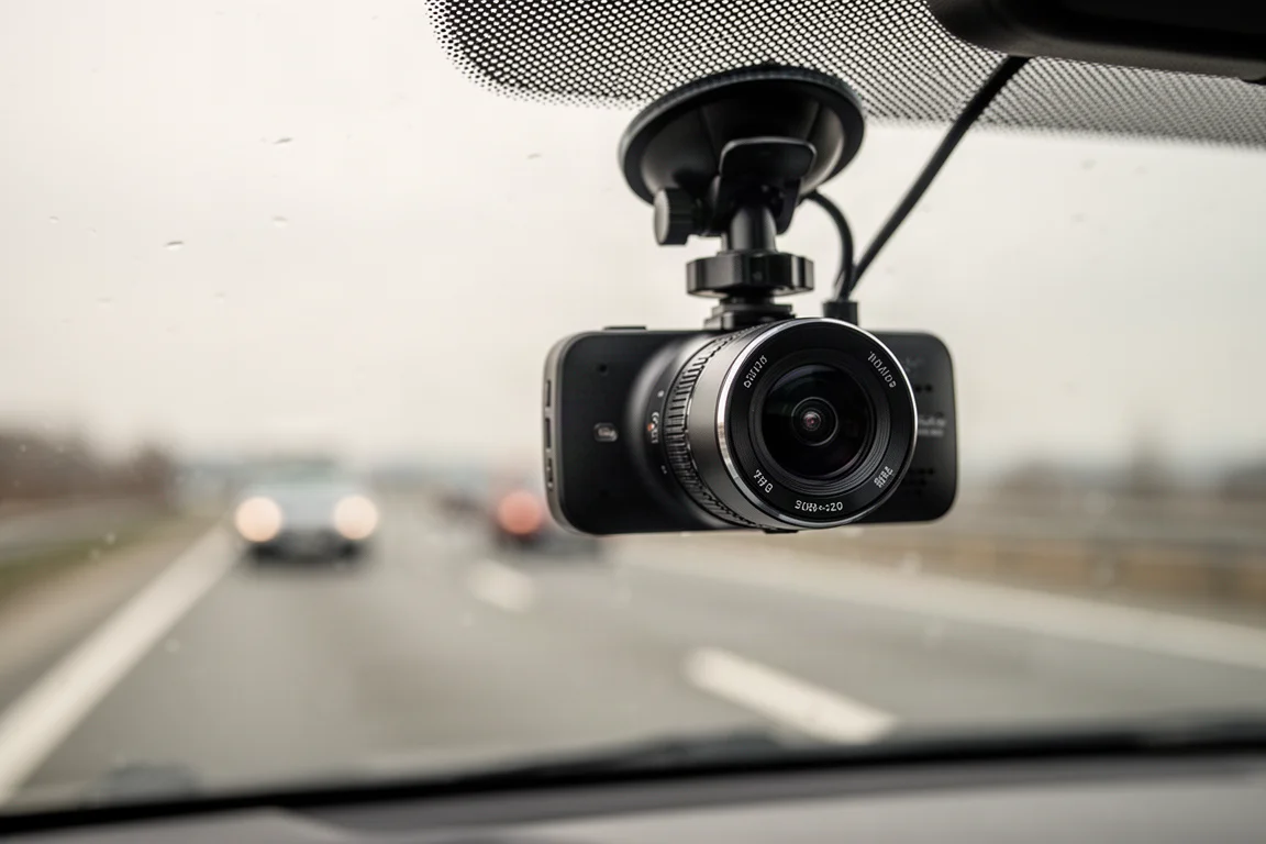 Dashcam mit Teleobjektiv, die entfernte Details auf der Straße erfasst