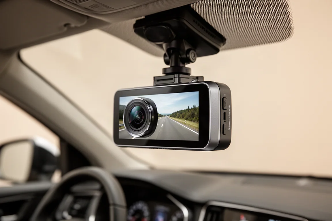 Moderne Dashcam an einer Windschutzscheibe montiert mit Blick auf die Straße voraus