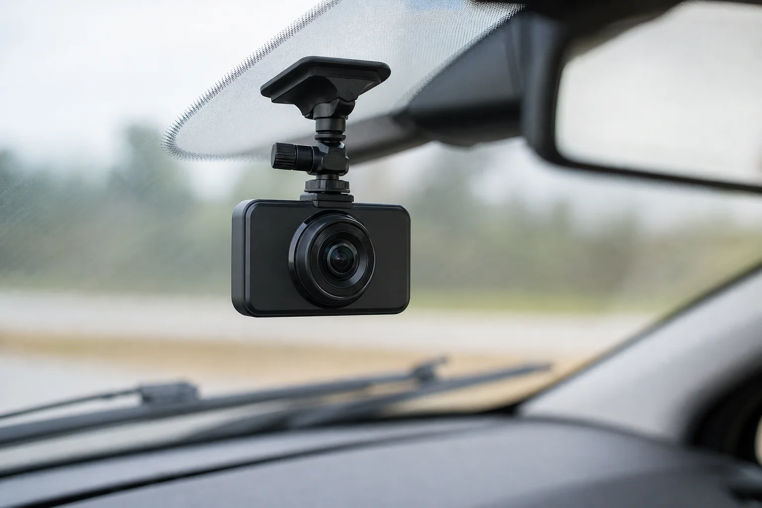 An der Windschutzscheibe montierte Dashcam mit sichtbarer Klebehalterung