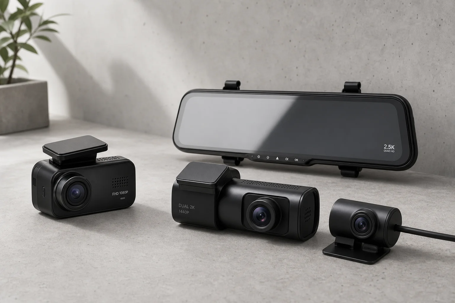 Collection of modern dash cams on concrete surface showing single, dual, and mirror-based models