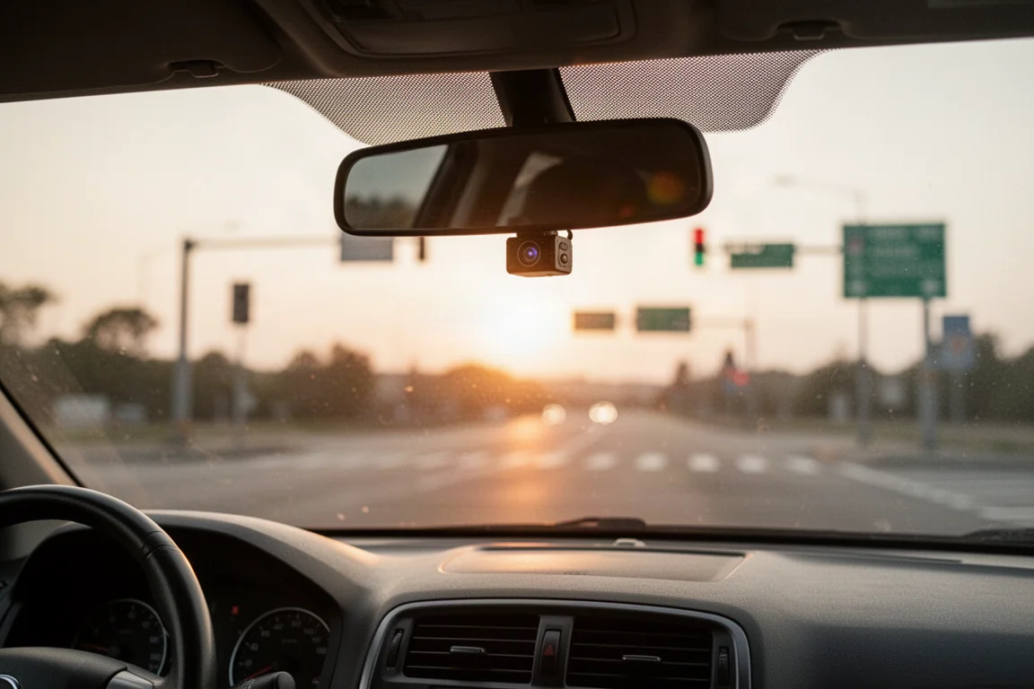 Dashboard view through a windshield at sunset with road signs in the distance
