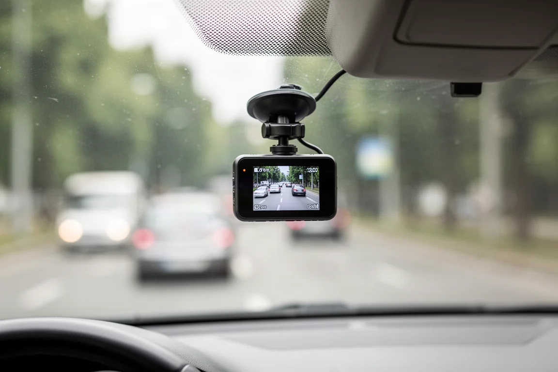 Dash cam mounted on a windshield recording traffic in daylight