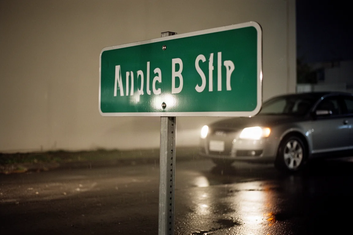 Green reflective street sign illuminated at night by headlights