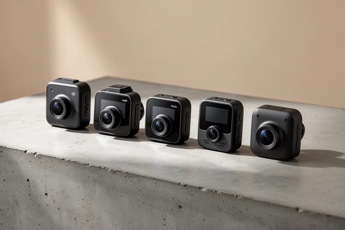 Six dash cams lined up on a concrete surface in studio lighting