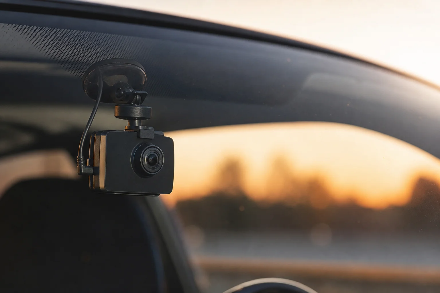Dash cam montata sul parabrezza durante l'imbrunire