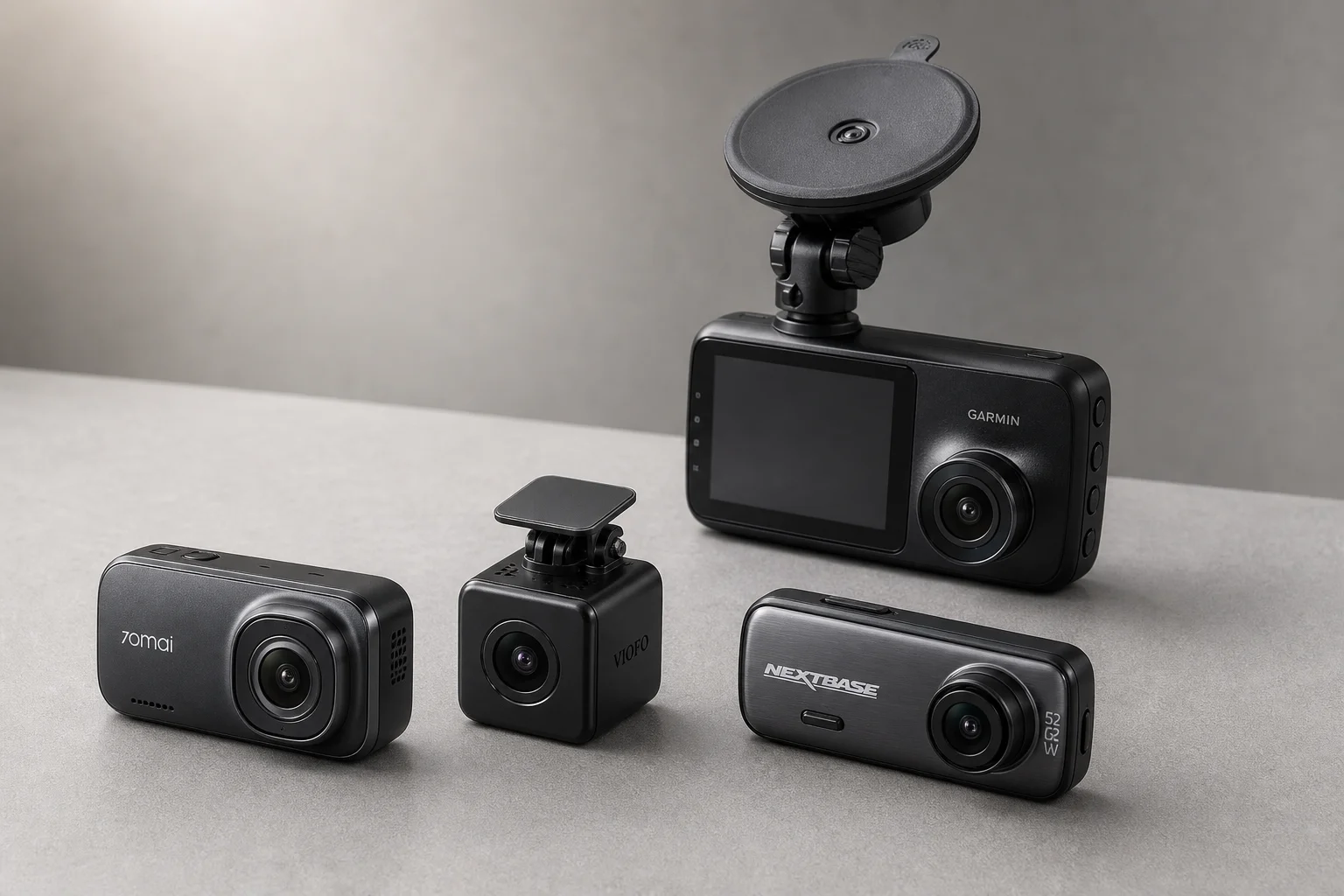 Collection of various dash cam models arranged on grey surface