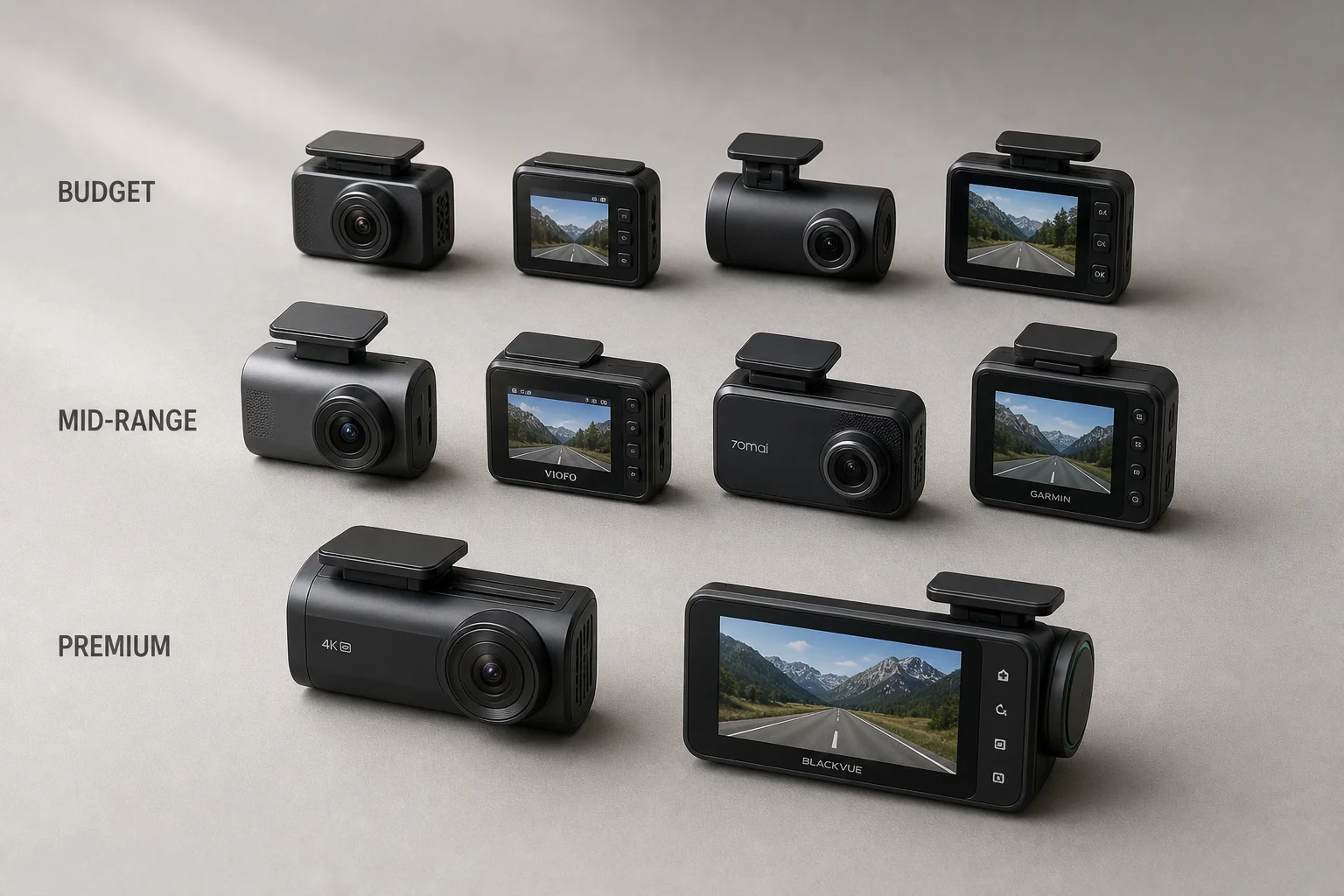 Eight dashcams arranged by price segment on neutral grey surface