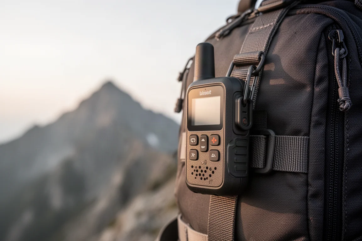 Kleine robuuste satellietcommunicator aan een rugzakband geklikt met bergen op de achtergrond