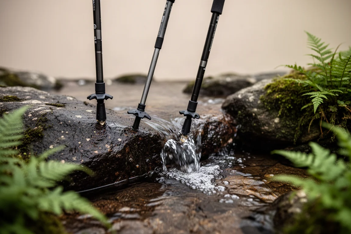 Trekkingpole-punten op natte rots naast een ondiepe beekoversteek