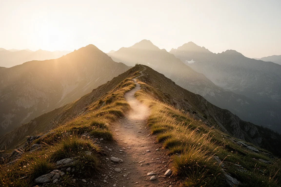 Zonnig bergkamtrail dat door alpien terrein slingert tijdens het gouden uur