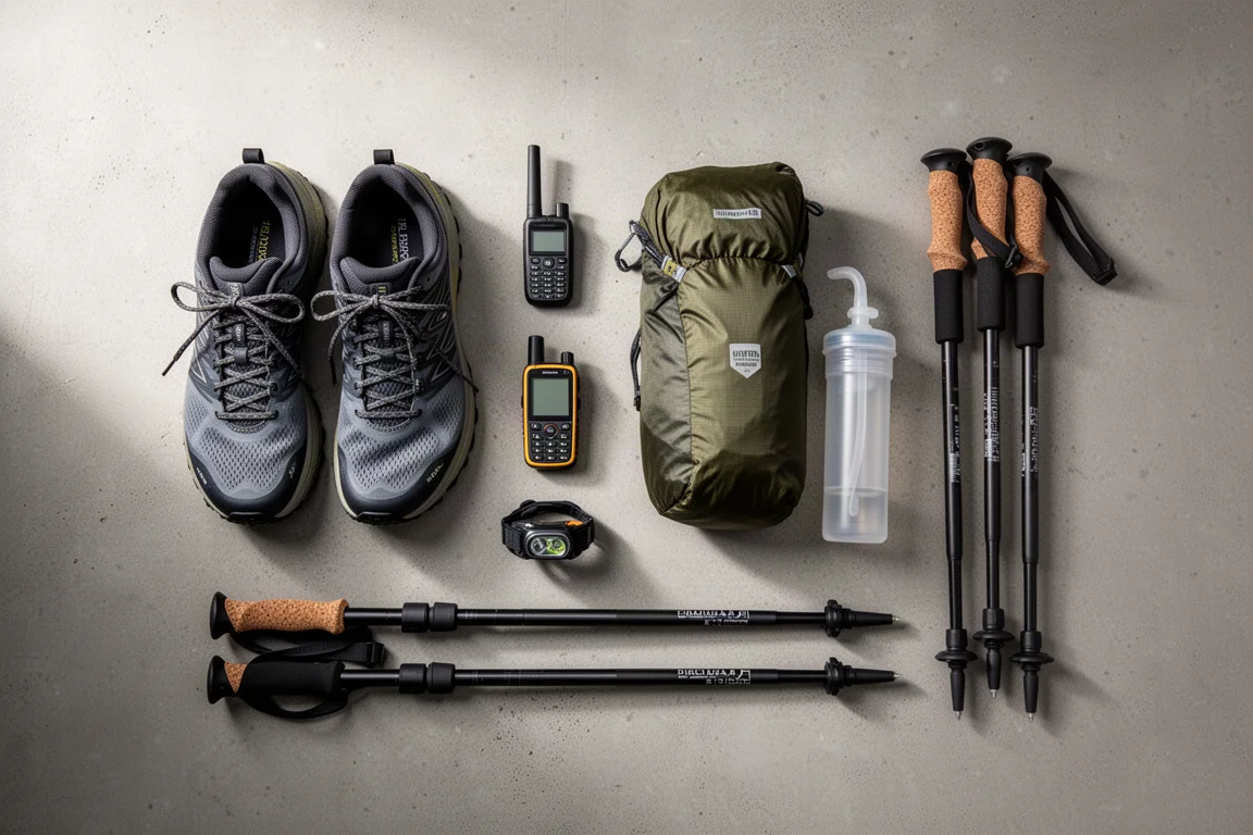 Flat lay of day hiking gear including trail shoes, satellite communicator, pack, filter, poles, and headlamp